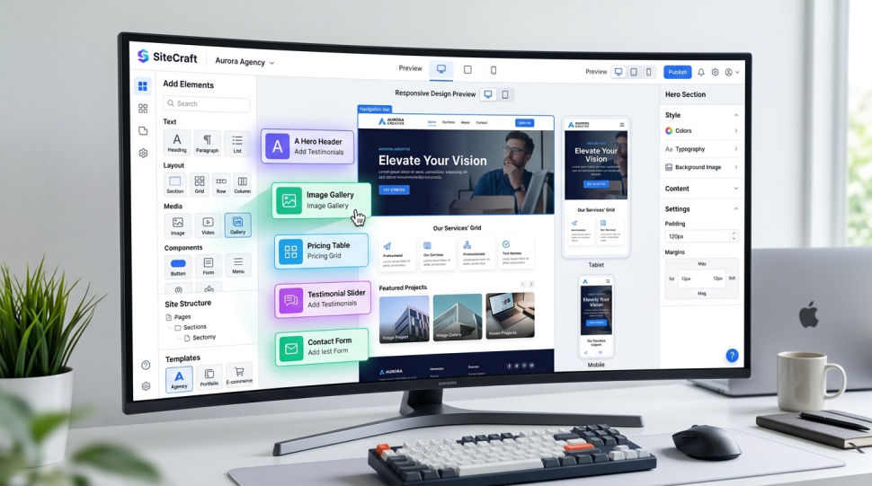 Website builder interface with design templates and responsive layout tools