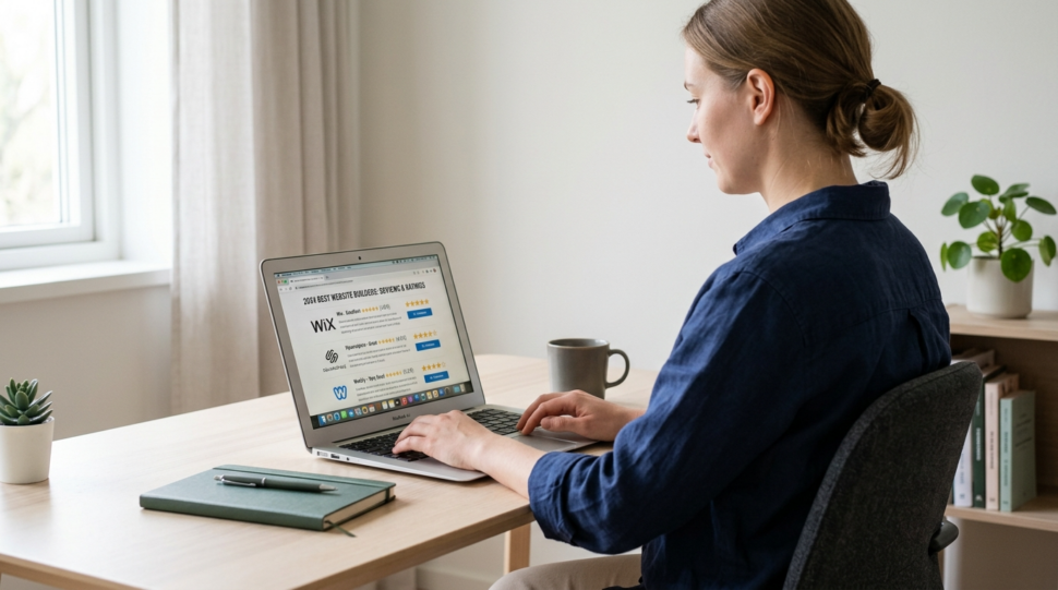 Person working on laptop reviewing website builders with star ratings displayed on screen in modern workspace