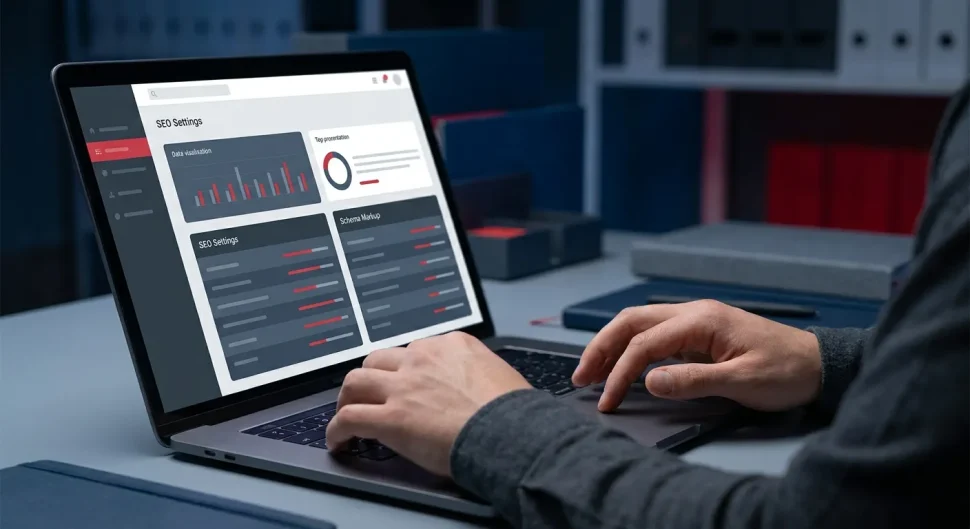 Best Website Builders: Person using a laptop displaying an advanced SEO settings dashboard for niche websites, showing data v