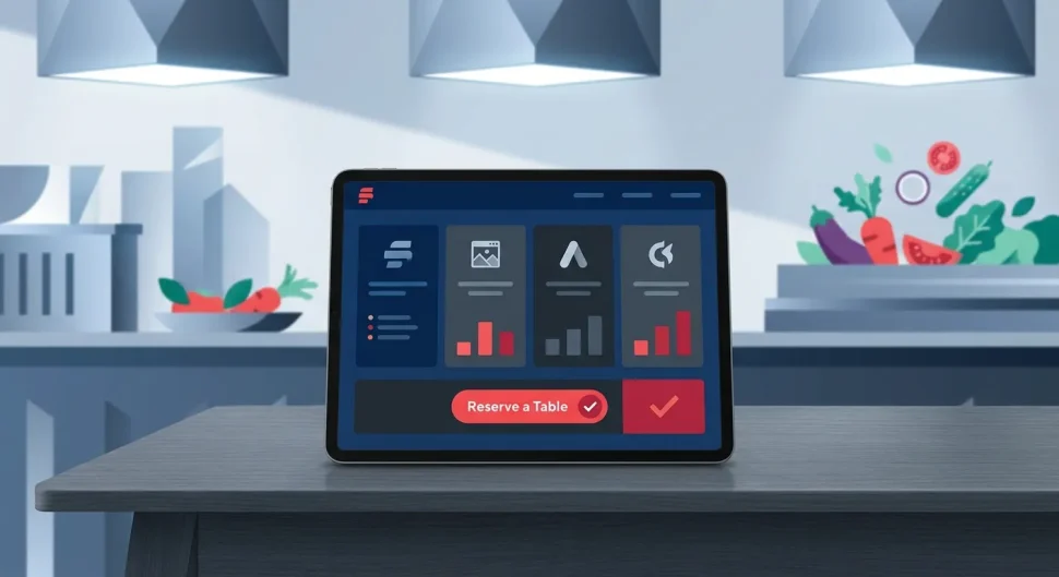 Best Website Builders: Tablet showing a restaurant website builder with 'Reserve a Table' button in a modern kitchen. For onl
