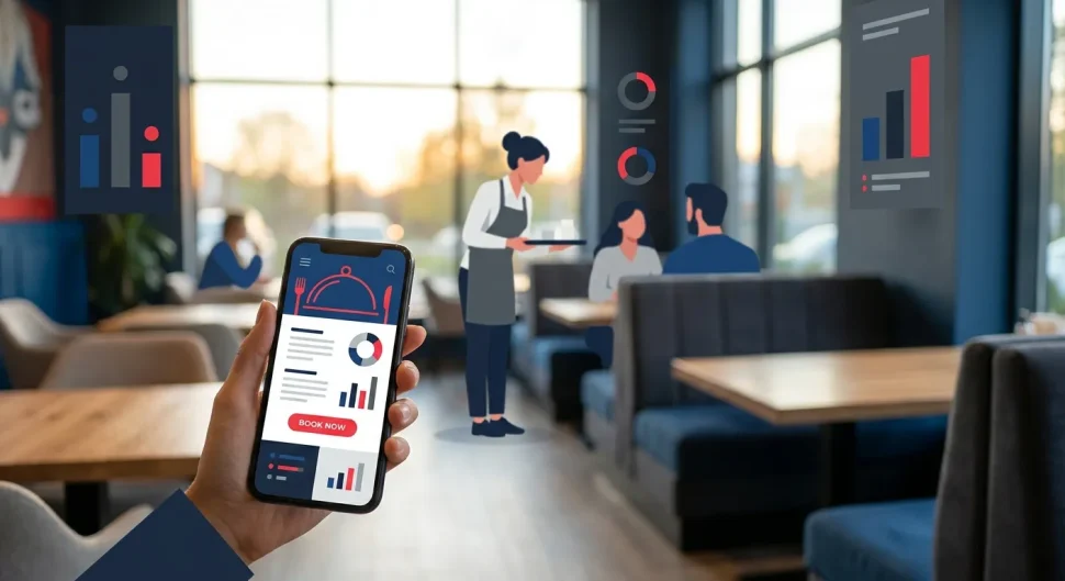 Best Website Builders: Hand holding smartphone with restaurant booking app and analytics, boosting local restaurant SEO and o