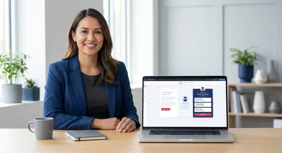 Best Website Builders: A smiling coach uses a laptop displaying a website builder with a scheduling calendar, ideal for coach