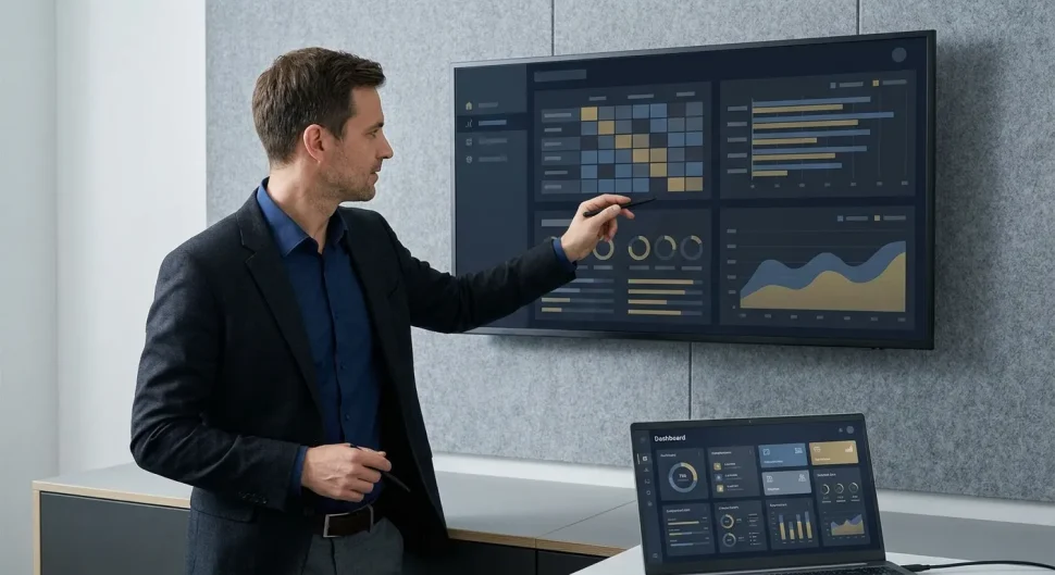 Best Website Builders: Consultant presenting data on a large screen and laptop, highlighting essential website platform featu