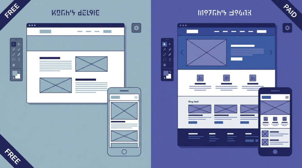 free website builder vs paid — illustrative editorial visual
