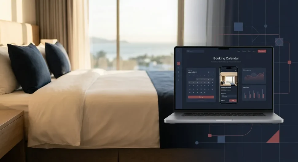 Best Website Builders: Hospitality Website Builder with a laptop showing a booking calendar in a hotel room, ideal for direct