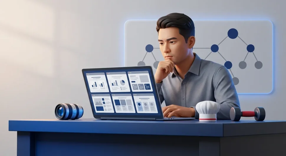 Best Website Builders: Man choosing a niche website builder on a laptop, surrounded by symbols of diverse businesses and data