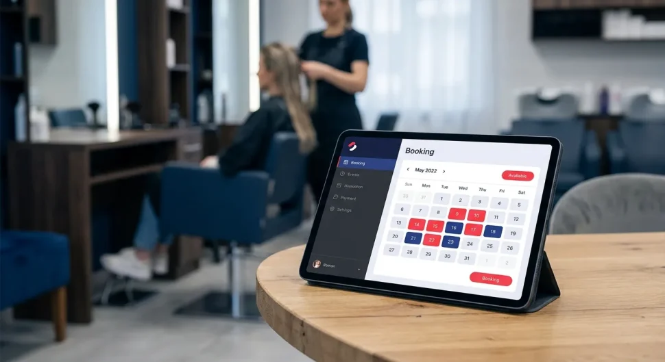 Best Website Builders: Tablet with online booking calendar in a hair salon, demonstrating a local service website builder for
