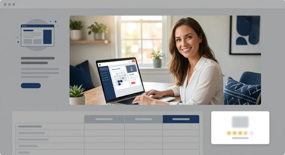 Best Website Builders: A smiling coach uses a laptop with a website builder showing scheduling and client portal features, es