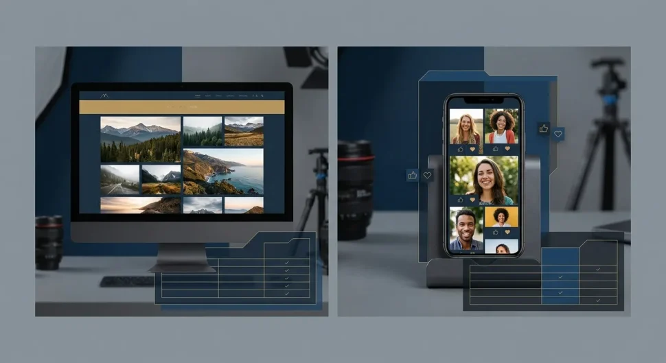Best Website Builders: Desktop and mobile screens showcasing photography portfolios, ideal for a website builder for photogra