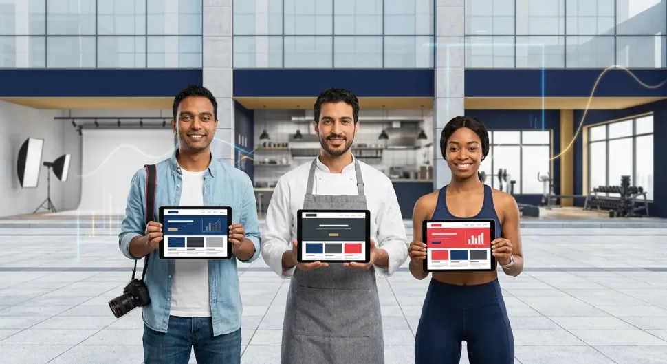 Best Website Builders: Three diverse entrepreneurs (photographer, chef, fitness trainer) showcase their specialized niche web